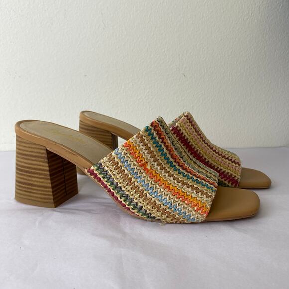 Seychelles Adapt Raffia Sandal Size 9 Natural Multi Color Slip On Stacked Heels - Picture 6 of 14